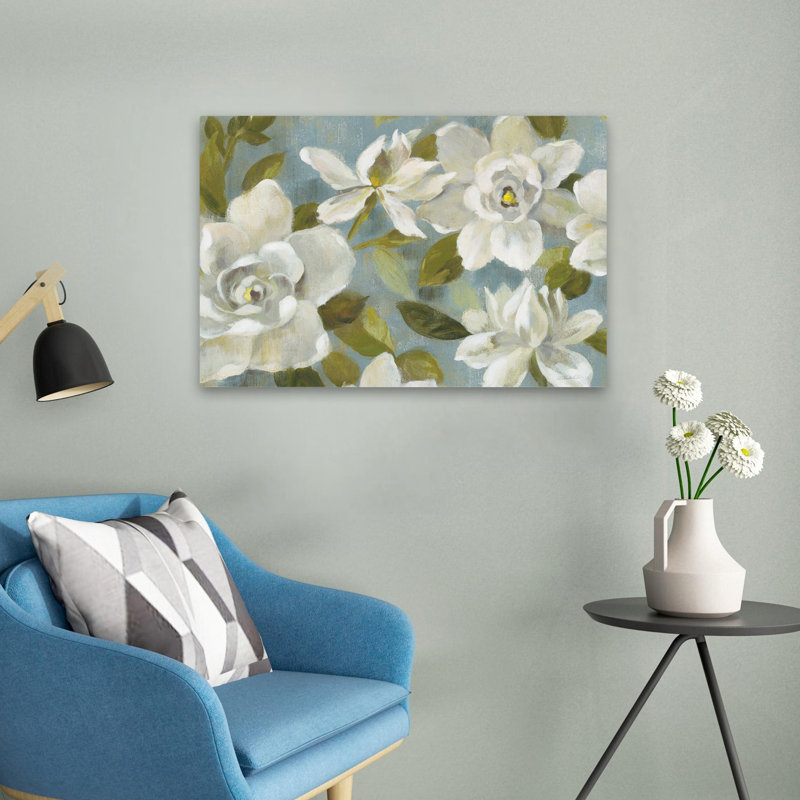 Gardenias sur ardoise bleue - fleurs bleu crème floral, H 24 po x l 16 po