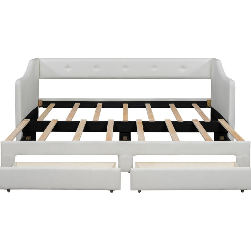 Twin Xl To King, Beige, Upholstered Daybed, Two Drawers, Stylish Buttoned Design On Back And Drawer, Comfort Foam - Padded Sides King Size, Storage Soft , Wood Slats For Mattress