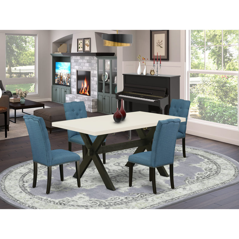 L'ensemble de table de cuisine comprend une table de salle à manger rectangulaire avec pieds en X et chaises rembourrées en tissu de lin