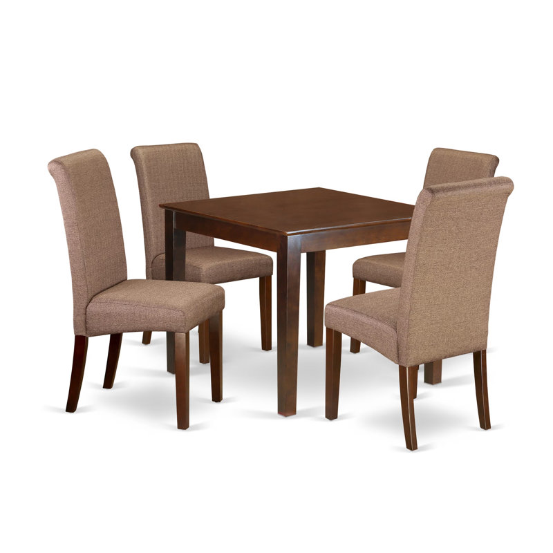 Ensemble de table de salle à manger 5 pièces comprenant une table carrée en bois et 4 chaises Parson rembourrées en tissu brun, acajou
