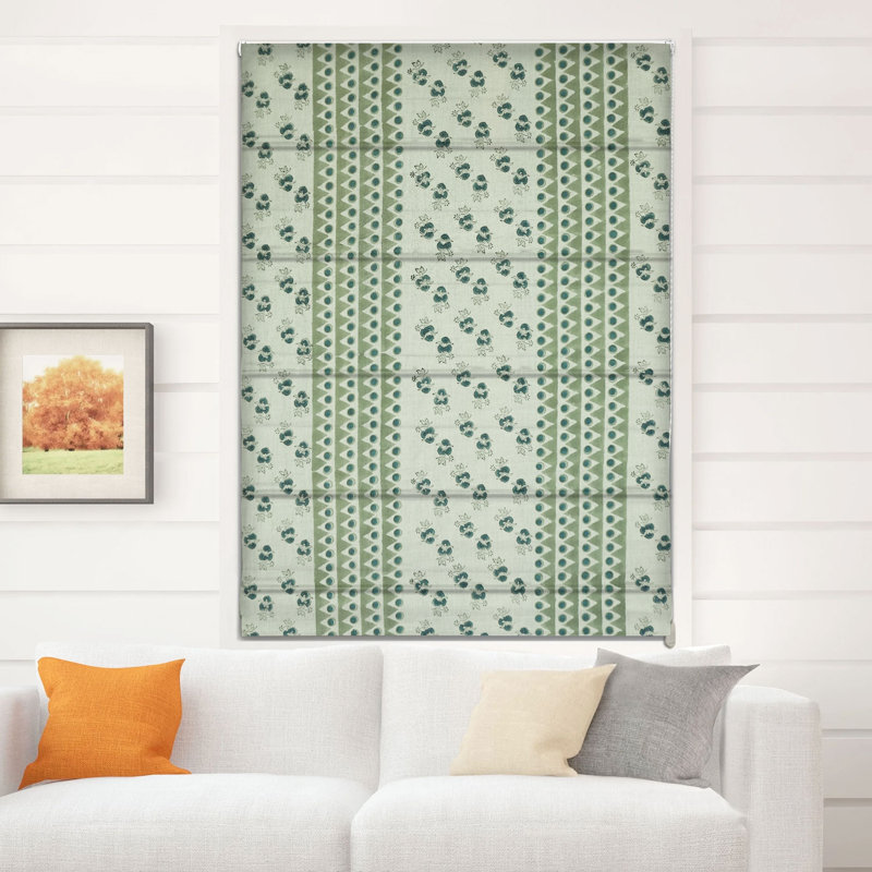 Fabdivine Handmade 100% Blackout Pure Linen Roman Shade, Green or Brown Block Print Floral Blinds for Windows, Ideal for French Doors, Living or Bedrooms, Hall, Linen Fabric, Mountain Moon