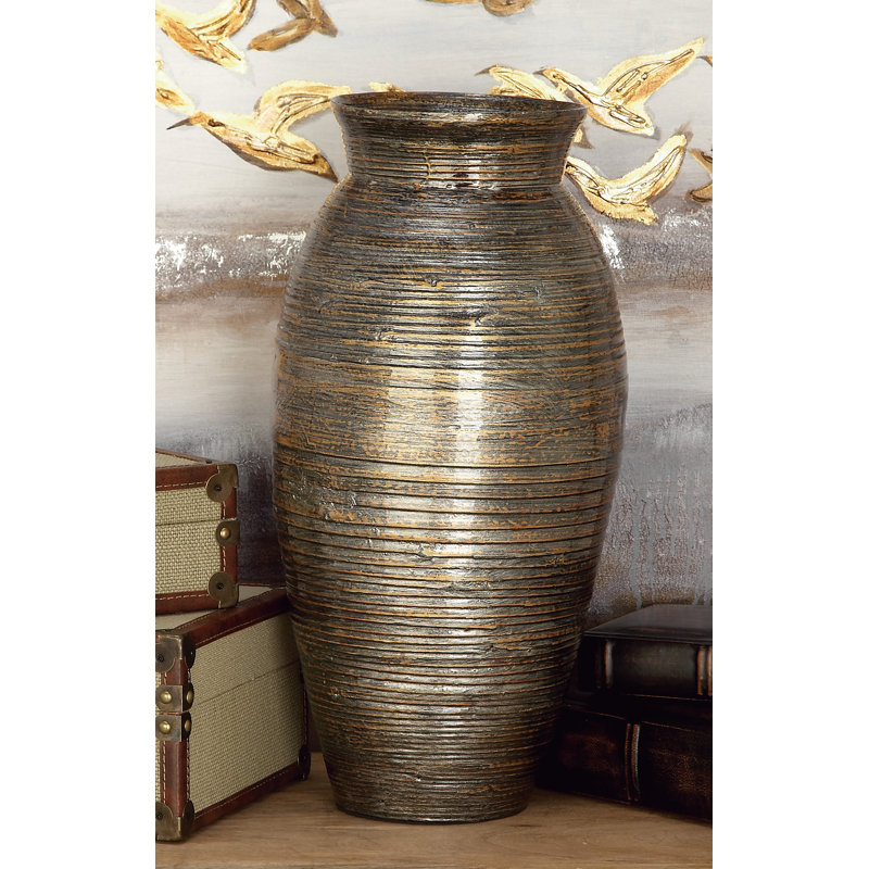 Alexander Bamboo Wood Textured Brown Decorative Vase with Lacquer