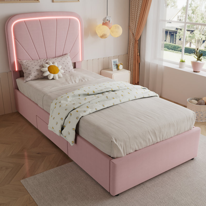 Upholstered bed WITH 2 DRAWERS VELVET PINK, 3FT