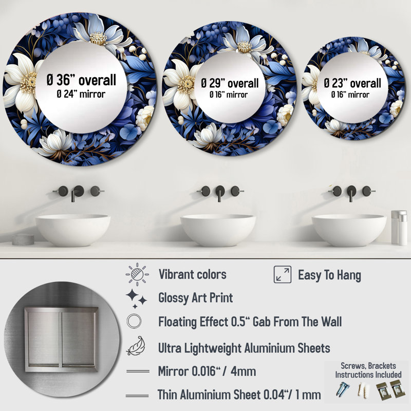 Deep Indigo Moonlit Flowers - botanical  Decorative Mirror, Blue Round Wall Mirror, Printed Metal Art, 23" x 23"