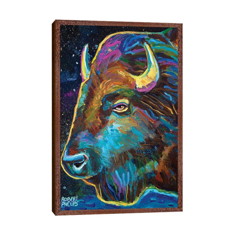 Galactic Buffalo 1 Piece Painting on Canvas, 66.04cm H x 45.72cm W x 3.81cm D, Classic Brown Wood Framed