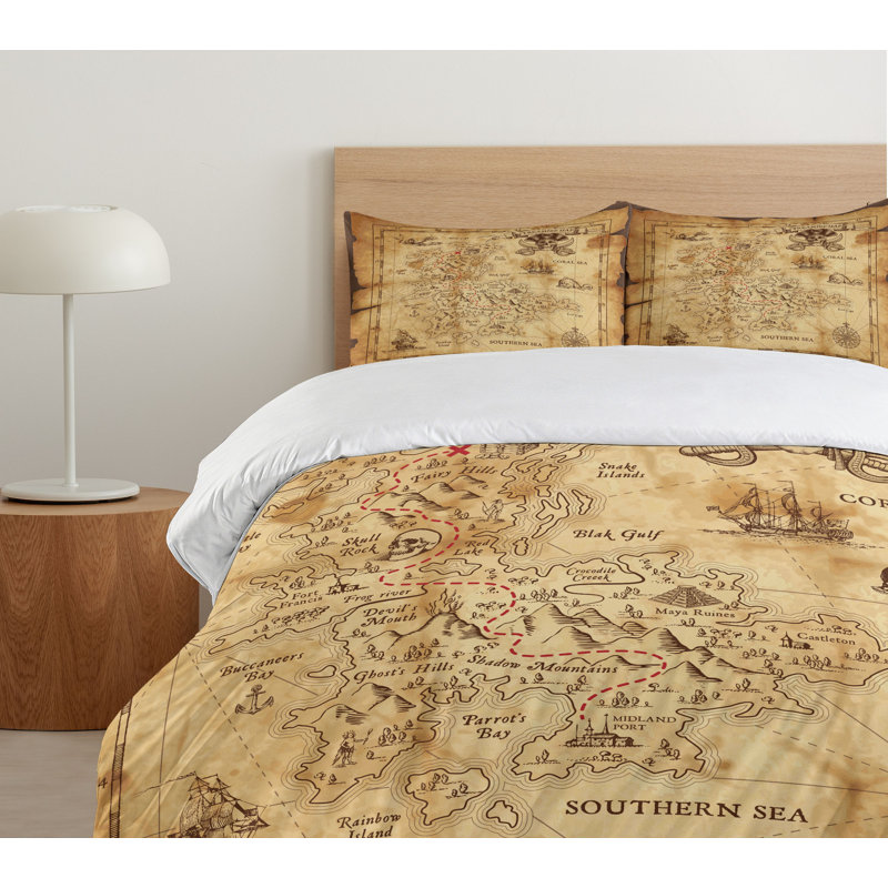 Beige Brown Rustic Pirate Map Queen Duvet Cover Set