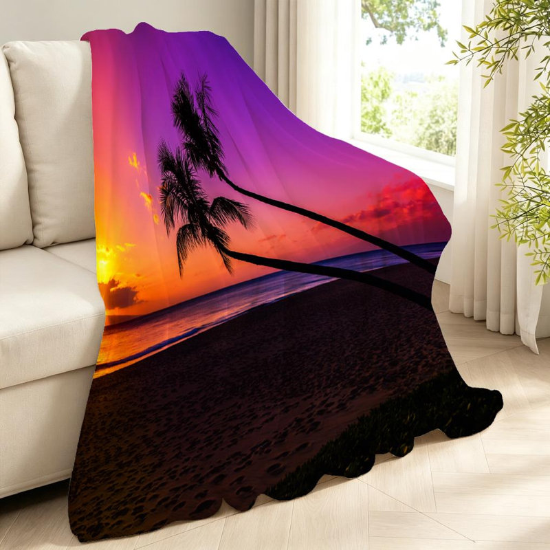 Jeté en flanelle orange ultra doux, imprimé couché de soleil avec deux palmiers, Throw 40" x 50"