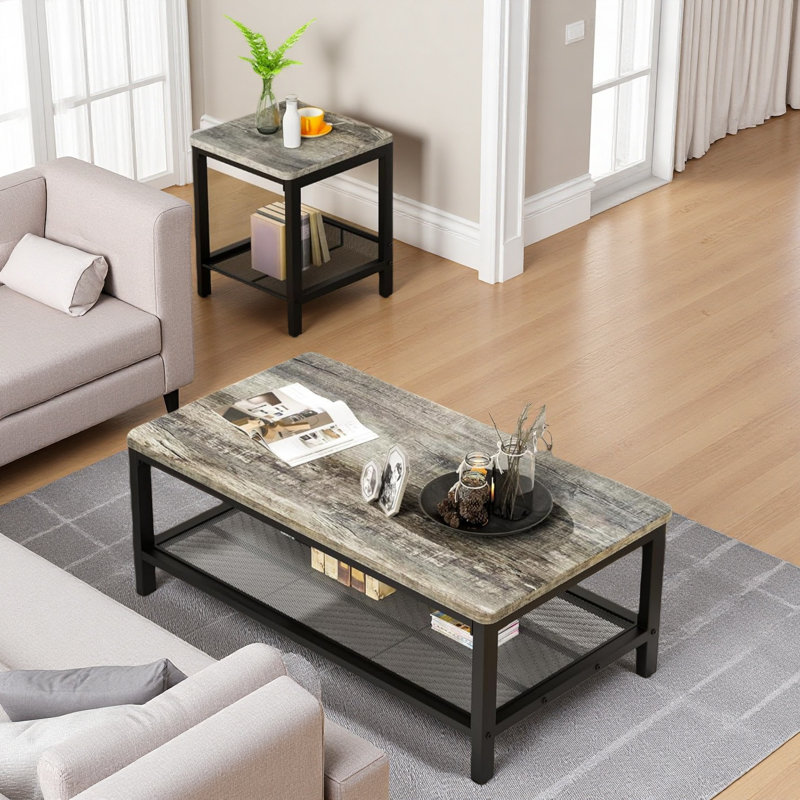 Industrial Coffee Table, Coffee Table Set Of 3 With 2 Square End Side Tables, Faux Marble Coffee Table With Metal Frame For Apartment Home Office, White Black