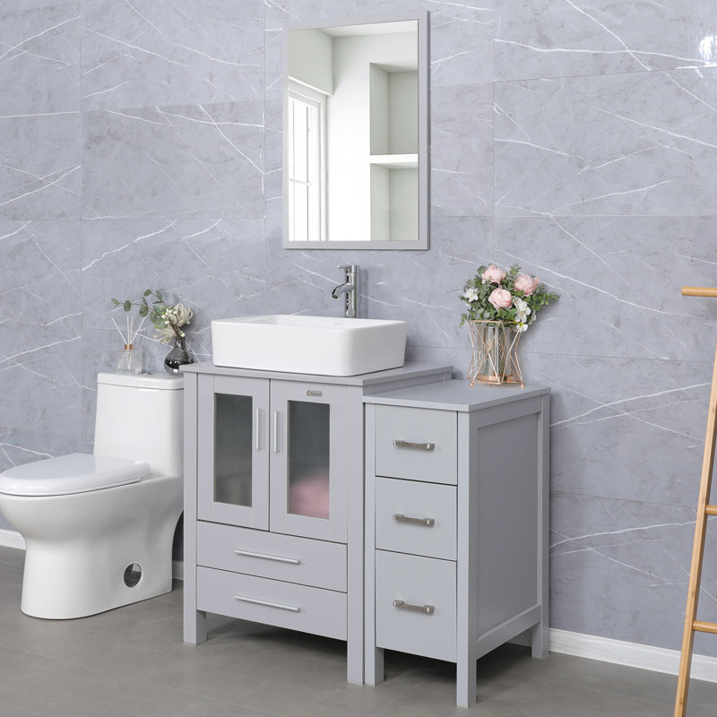 Camlin 36" Single Bathroom Vanity Set with Manufactured Wood Top, Vessel Sink,  Faucet, Drain, Gray, Gray