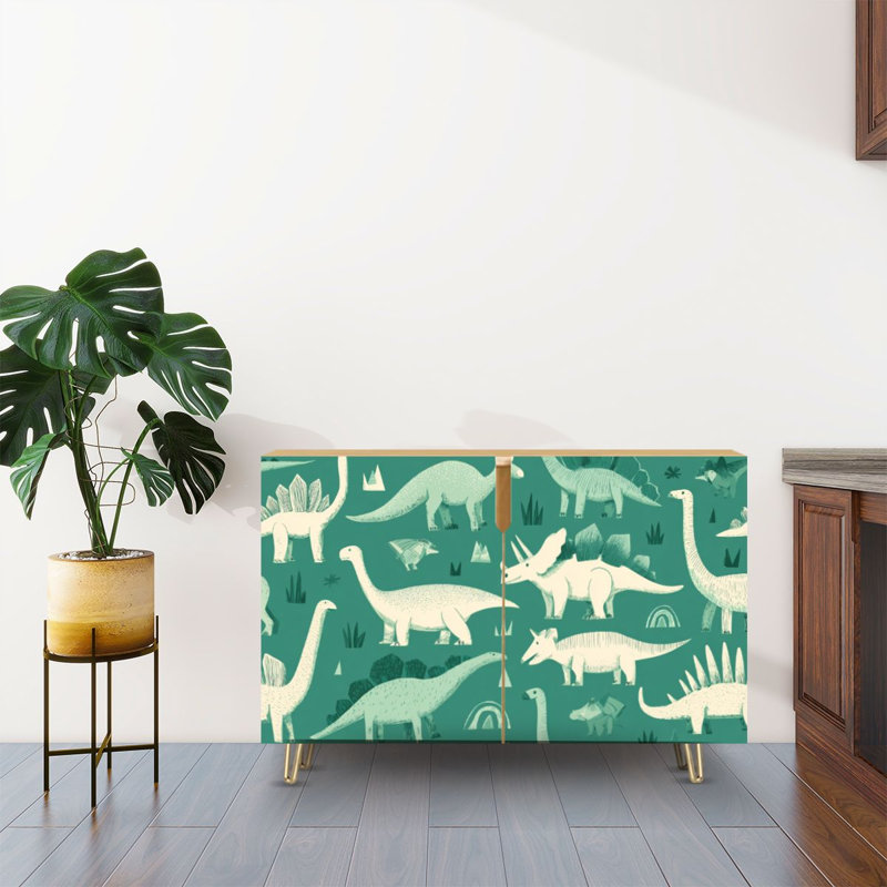 Buffet buffet avec rangement Imprimé de dinosaure mignon pour les enfants, dessin de dinosaure mignon Dino pastel avec 2 portes pour le salon et la cuisine