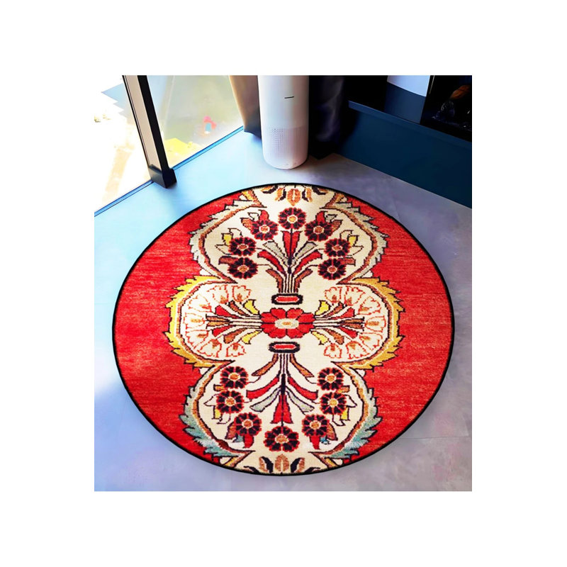 Beige Red Themed Motif Traditional Patterned Round Woven Base Vintage Decorative Carpet, Round 2'8"