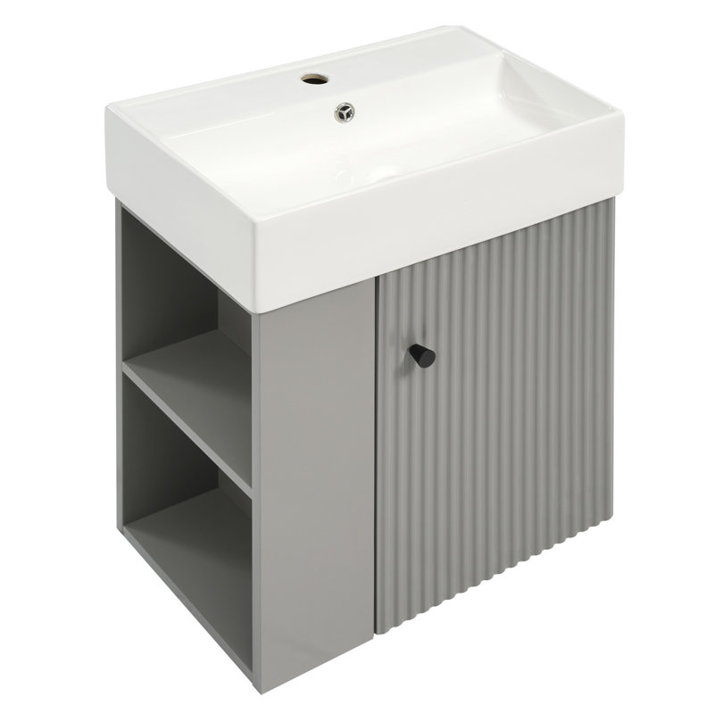 Meuble-lavabo flottant moderne de 21,6 po avec lavabo en céramique - parfait pour les petites salles de bain, rangement à gauche