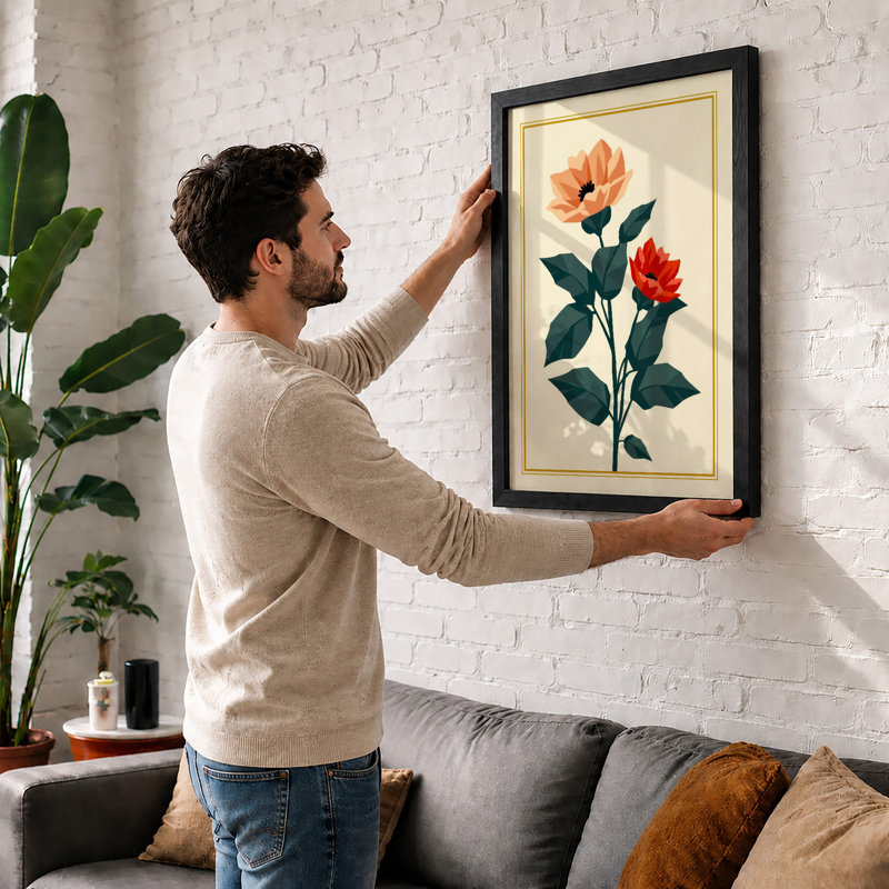 Two Blooms on Stem Botanical - Framed Print, A3 - 42.0 x 29.7 cm, Walnut
