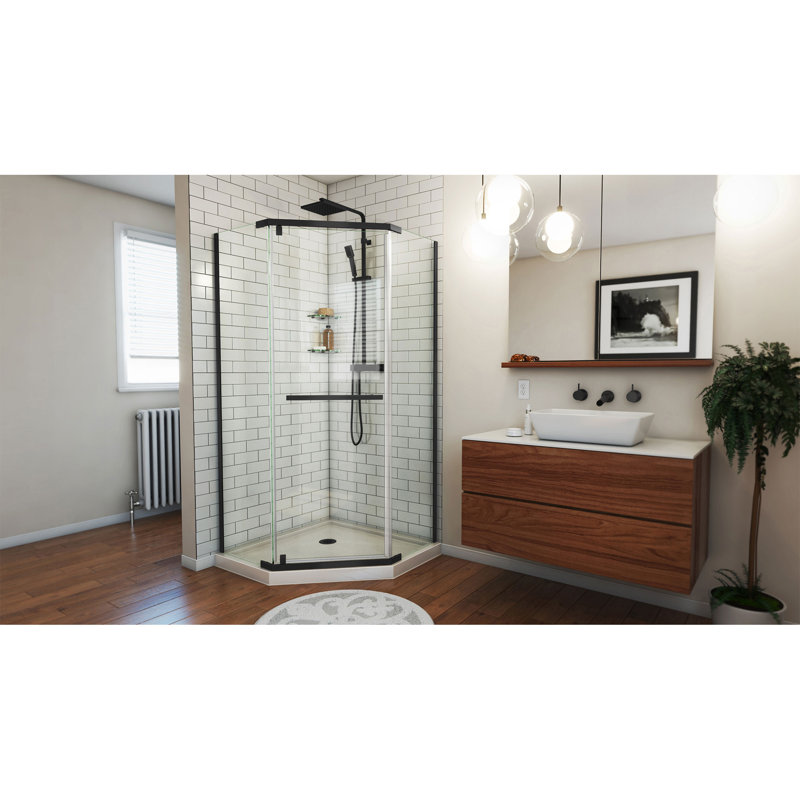 Prism 42" W x 42" D x 74.75" H Frameless Neo-Angle Reversible Shower Kit with Towel Bar and Base Included, Matte Black