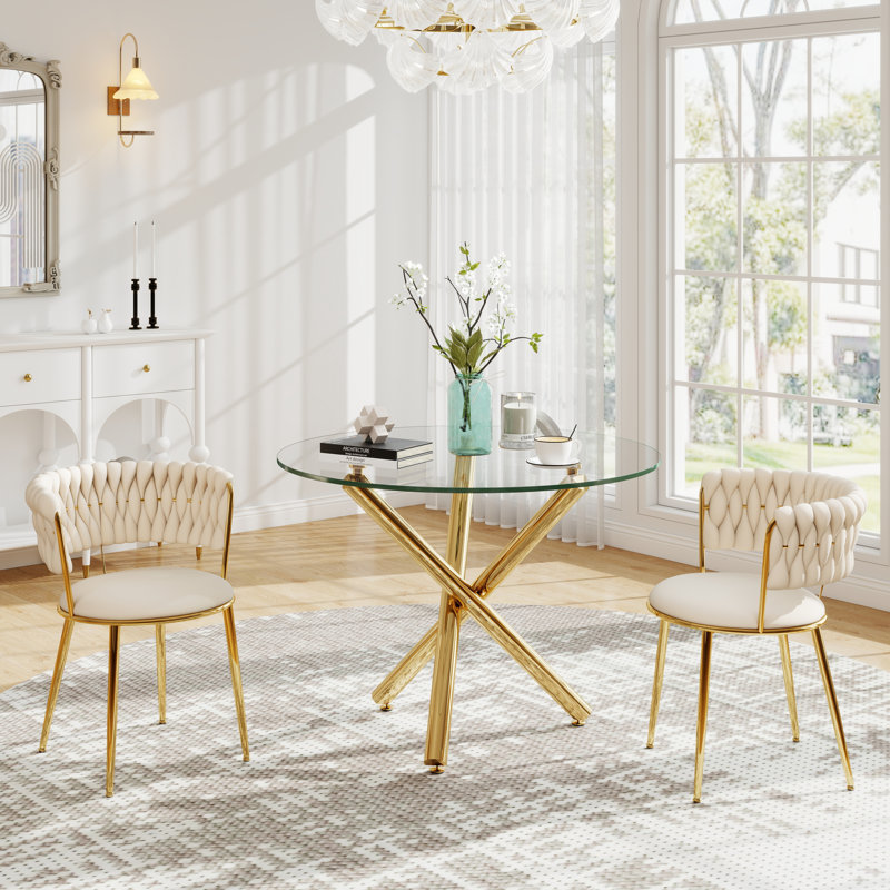 Modern Round Tempered Glass Pedestal Dining Set with Weaven Velvet Dininig Chair, Beige/Gold, Gold, 30" H x 36" W x 36" D