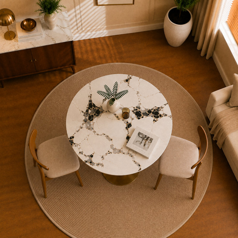 Table de salle à manger de 33,5 po avec pieds en pierre frittée et en bois d'hévéa, piédestal de designer en bois d'hévéa avec décorations en osier tressé à la main et base en acier inoxydable pour la cuisine, les appartements et les bistro