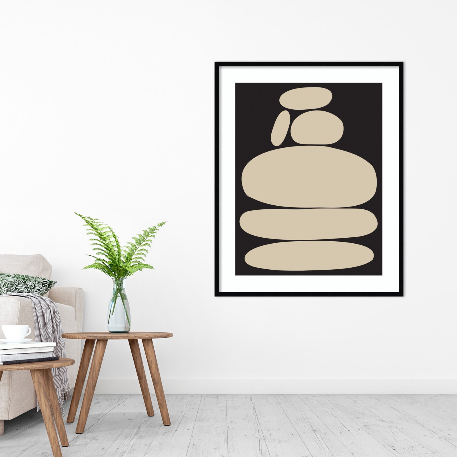 Zen River Rocks Black And Tan by The Creative Bunch Studio, Black Framed, 41" H x 33" W