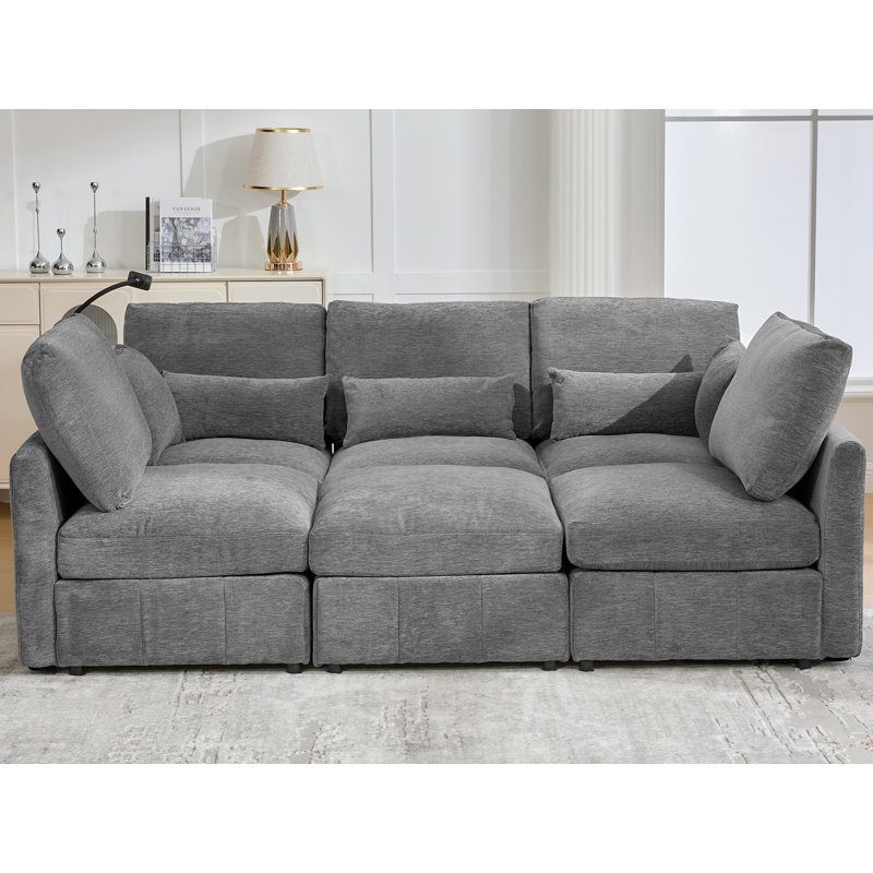85'' W Chenille Modular Couch Sleeper Sofa, Gray Chenille