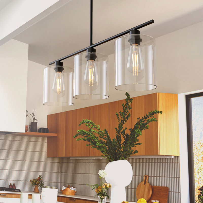 Alorie Dimmable Modern Linear Kitchen Island Pendant Lights with Clear Glass Shade, 3, 42" H x 31.3" W x 6" D, Matte Black