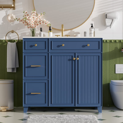 Meuble-lavabo de 36 po avec lavabo en céramique, tiroirs standard et double couche, portes à fermeture en douceur, tablettes réglables, armoire de rangement moderne pour petites et moyennes salles de bain