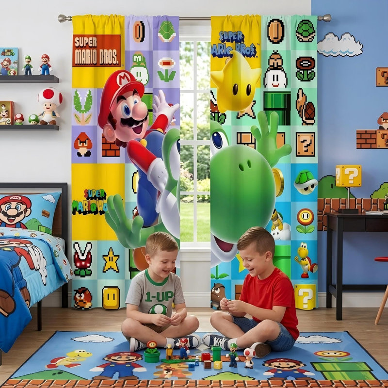 Ensemble de rideaux de fenêtre 82 po x 82 po Super Mario pour filles / garçons, ensemble de panneaux super Mario avec passe-tringle 2 pièces