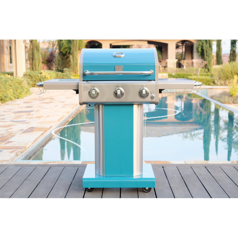 Kenmore 3-Burner Propane Gas Grill with Foldable Side Tables for Outdoor BBQ, Teal