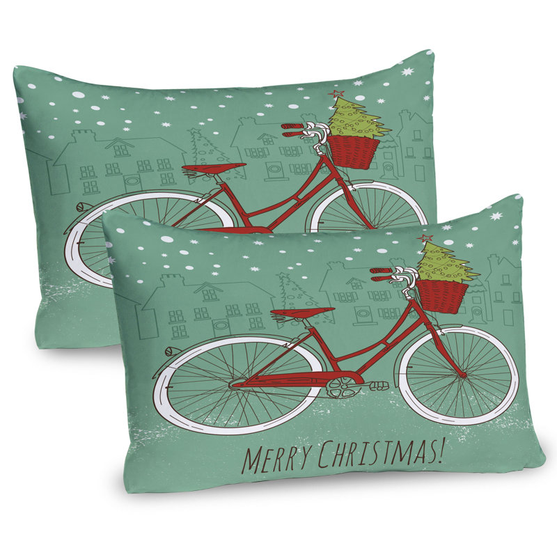 Christmas Retro Bike Almond Green Red White Pillow Shams 2 Pack