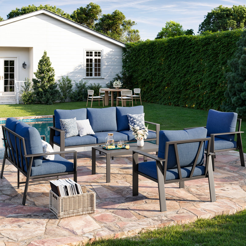 7-Person Sofa Seating Group With Coffee Table, Blue Cushion/Gray Frame