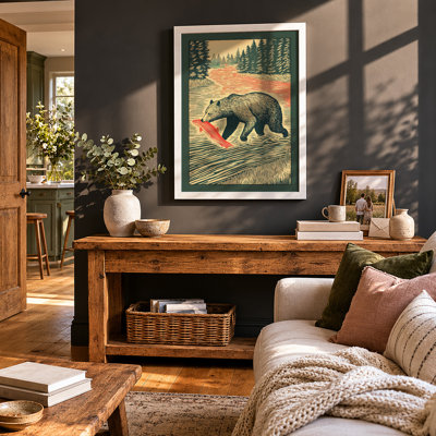 Bear Fishing at Dusk Rustic 1 Piece Single Picture Frame Wall Art