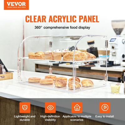 Pastry Display Case, 2-Tier Commercial Countertop Bakery Display Case, Acrylic Display Box With Rear Door Access & Removable Shelves, Keep Fresh For Donut Bagels Cake Cookie, 22"X14"X14"