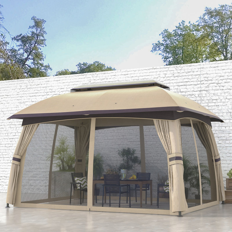 10' X 13' Patio Gazebo, Beige Canopy With Net. Spacious For 8. Vented Roof, Steel Frame Garden, Lawn, Backyard & Deck. Assembly Needed Gazebo Netting, Beige. 8 People. 2