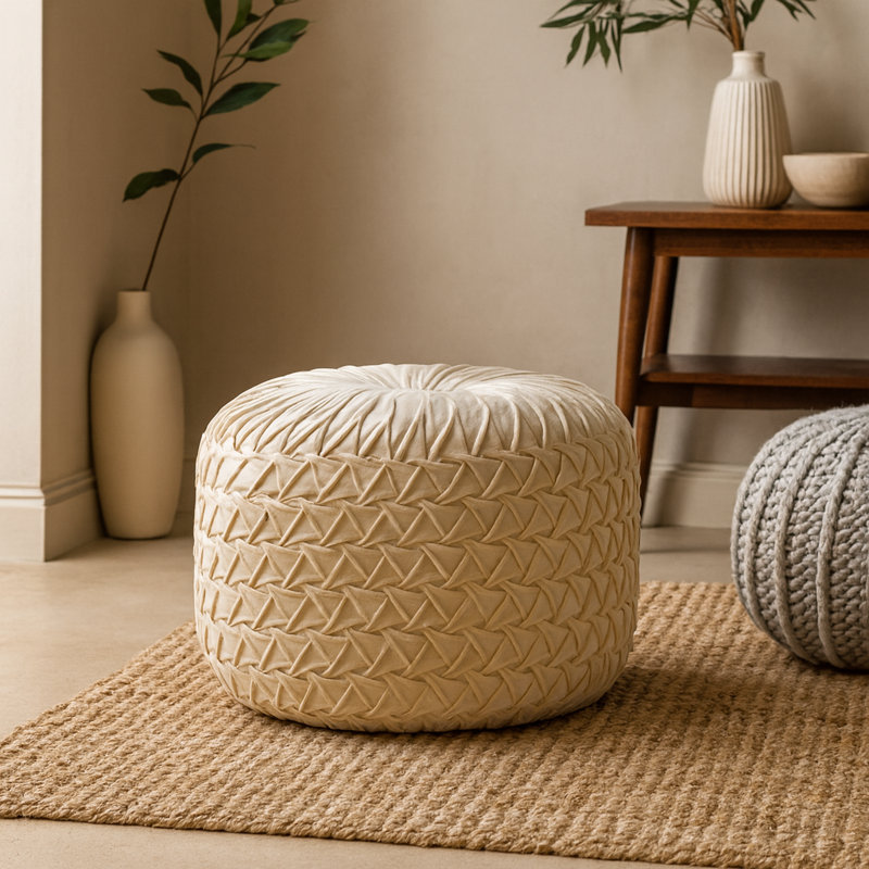 Aunesty 46cm Wide Velvet Tufted Round Pouffe Ottoman, White