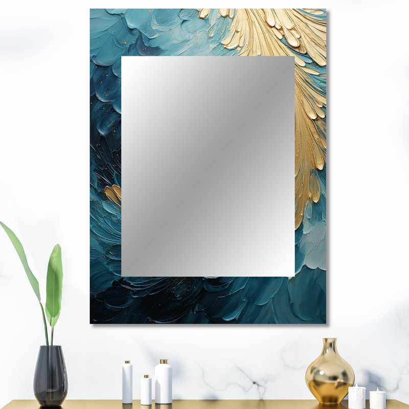 Gold Teal Ocean Spiral I - Abstract Spirals Decorative Mirror, Gold Wall Mirror, Printed Metal Art, 40" x 30"