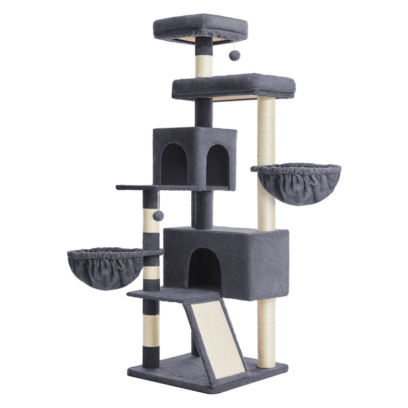 Grande tour pour arbre à chat, grande maisonnette pour chat de 68,5 pouces avec grand perchoir, poteaux à griffer, grottes doubles