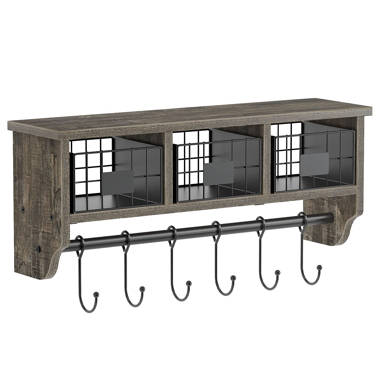 Entryway Organizer Shelf with Storage Cabinets, Wall Mount Coat Rack with 6 Hooks, 24”, Grey August Grove