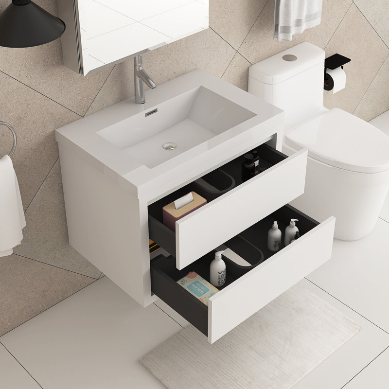 Meuble-lavabo mural simple 30 po avec comptoir et tiroirs à fermeture en douceur, Blanc