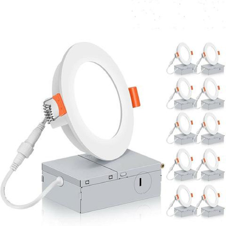Strak Led 4-Inch White Slim Panel Downlight 10W 700 Lumens Dimmable Can Ices With Junction Box 6000K,Damp Rated ,Ic Rated, Can Icess Cetl (10-Pack)