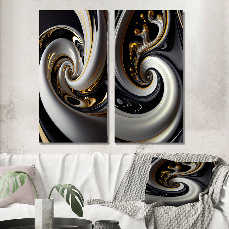 "Vitrail doré noir et blanc III", 2 pièces sur toile, Toile tendue, H 40 po x l 40 po