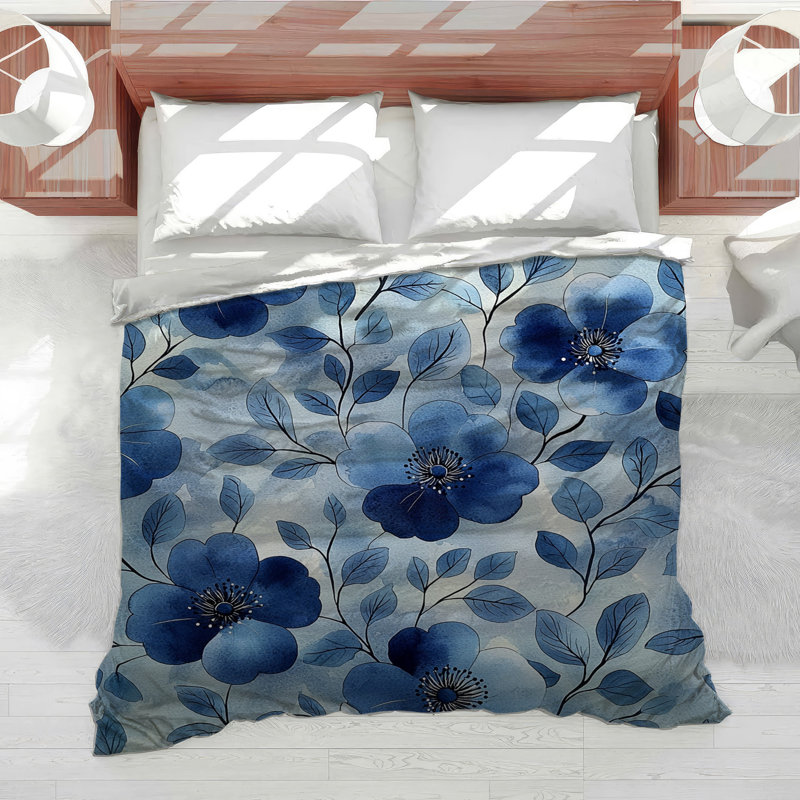 Édredon floral bleu avec literie fleurs bleues scandinave, Édredon simple