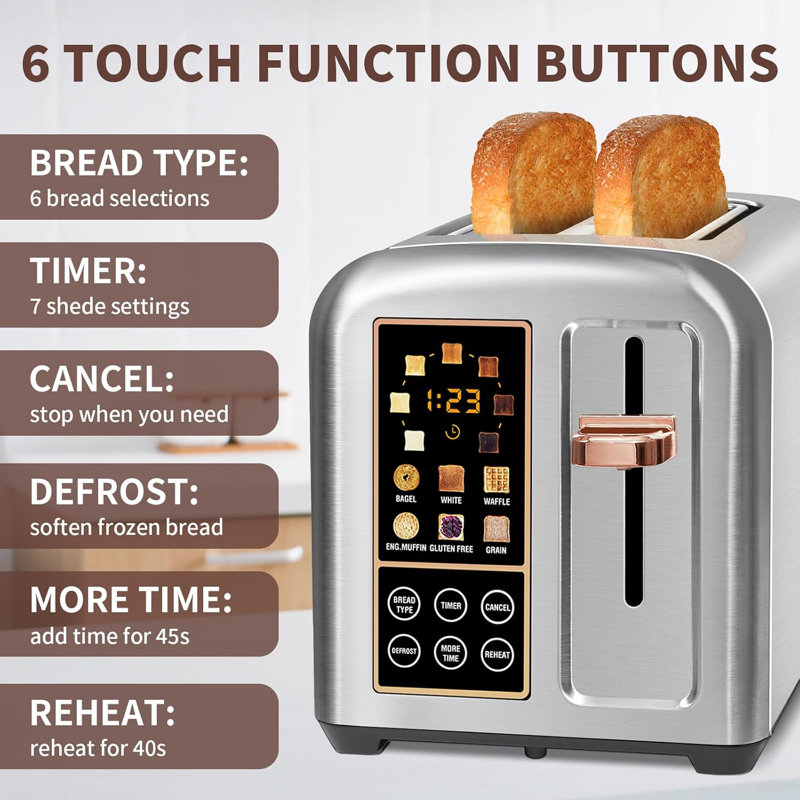 Toaster 2 Slice, Stainless Toaster LCD Display&Touch Button, 50% Faster Heating Speed, Wide Slots, Silver