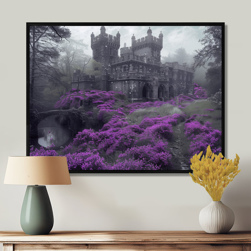 Art sur toile, châteaux monochromes gris et brouillard gris en France III, Toile avec cadre flottant noir