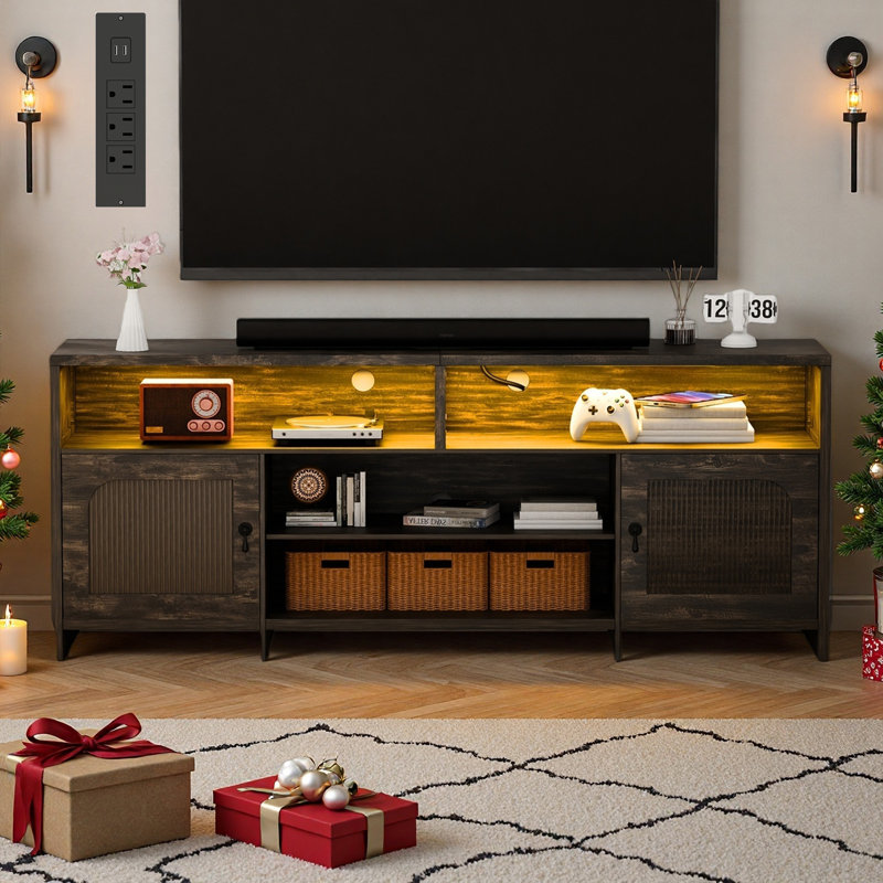 70.1“ W Modern Fluted TV Stand For TVs Up To 80" With LED Light And Charging Station, Wood Media Console Table with Sound Bar Shelfves, Multimedia Storage Furniture With Cabinets and Open Storage
