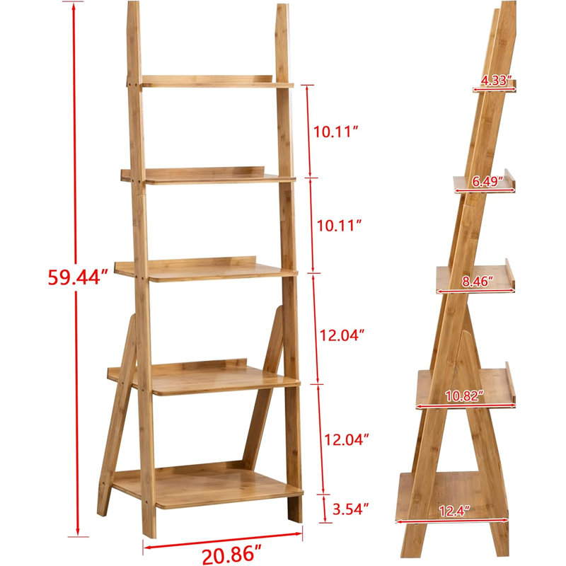 Bibliothèque en bambou, (5 tablettes) H 59 po x l 21 po x P 12 po, Bois naturel