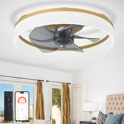 Ventilateur de plafond encastré 16 po avec lumière, profil bas, application et télécommande, moteur CC silencieux à 6 vitesses, DEL à intensité variable pour la chambre à coucher