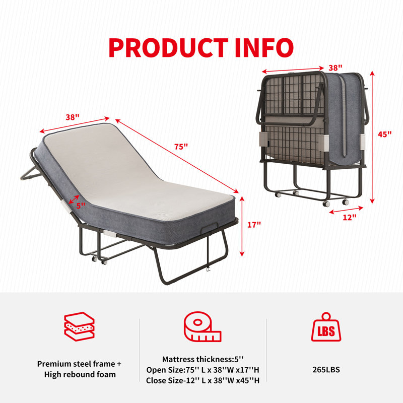 Twin Folding Bed with 5" Foam Mattress & Lockable Wheels