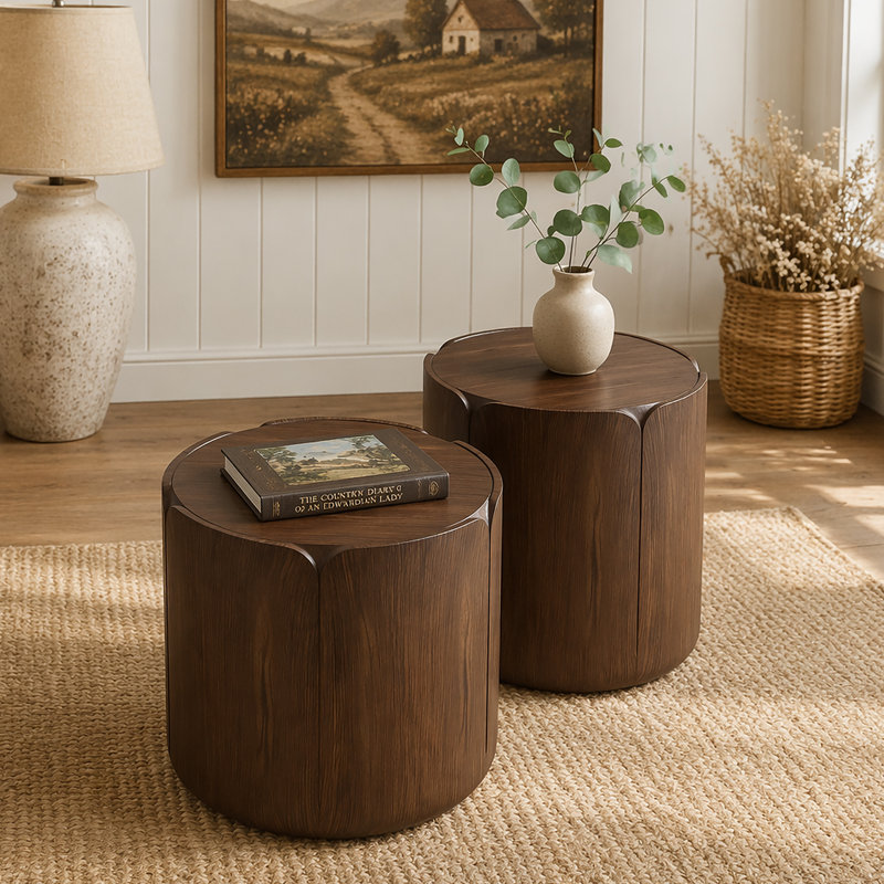 Ensemble de 2 tables d'appoint rondes, table de bout simple pour patio, jardin, cour arrière, salon, Brown