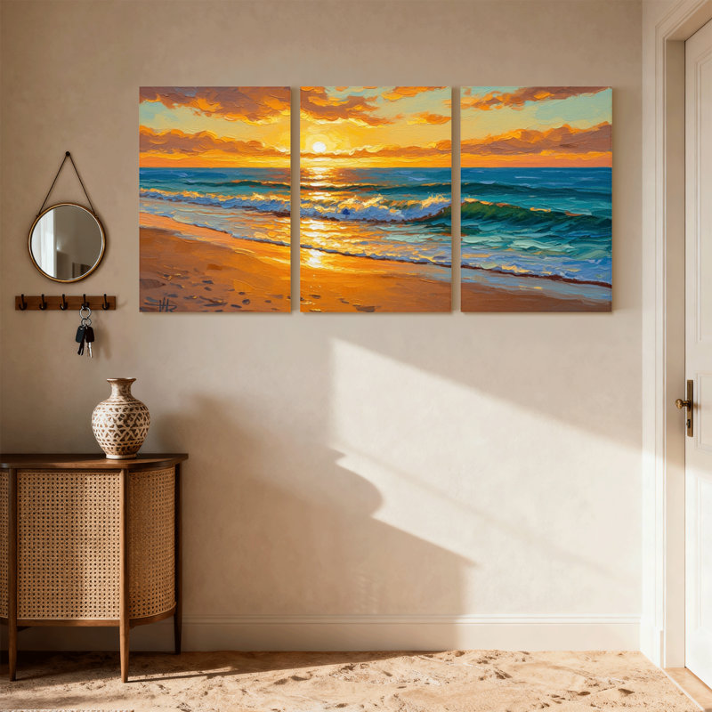 Nautique et plage coucher de soleil océan vagues plage ciel nuages sable clair ensemble de 3 impressions d'art sur toile