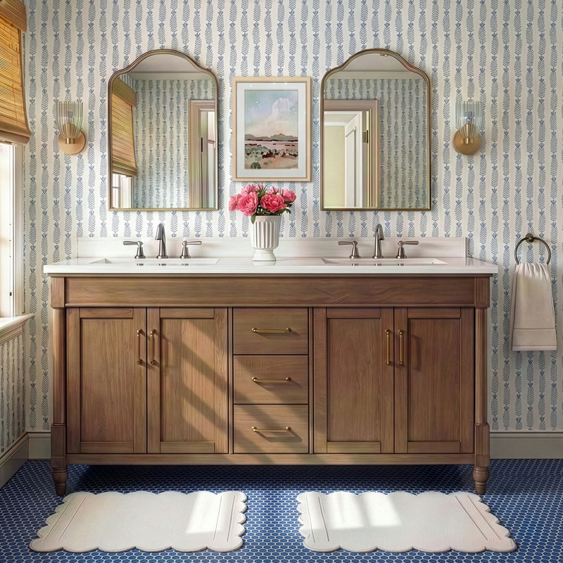 Burdick 60'' Double Bathroom Vanity with Engineered Marble Top, Almond Latte Brushed