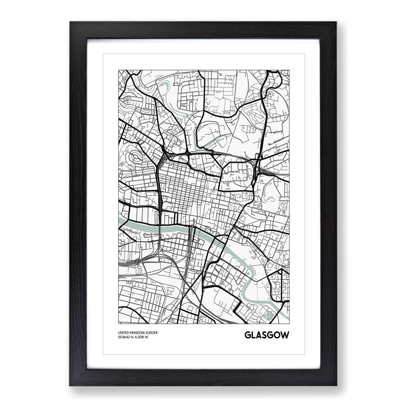 Map Glasgow UK - Picture Frame Graphic Art, Black Framed, 36cm H x 27cm W x 2cm D