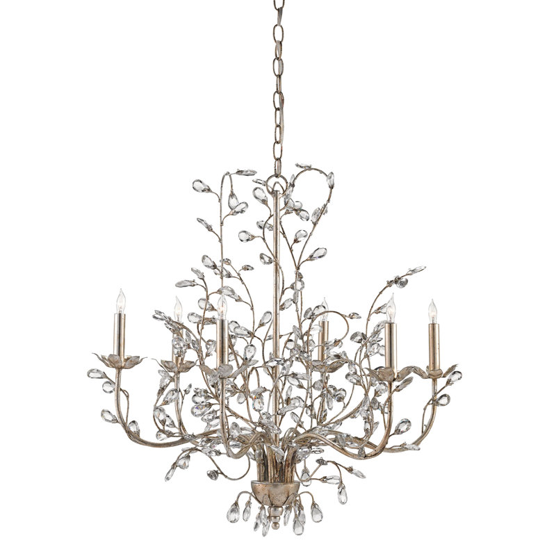 Crystal Bud 6 - Light Dimmable Classic / Traditional Chandelier, Silver Granello